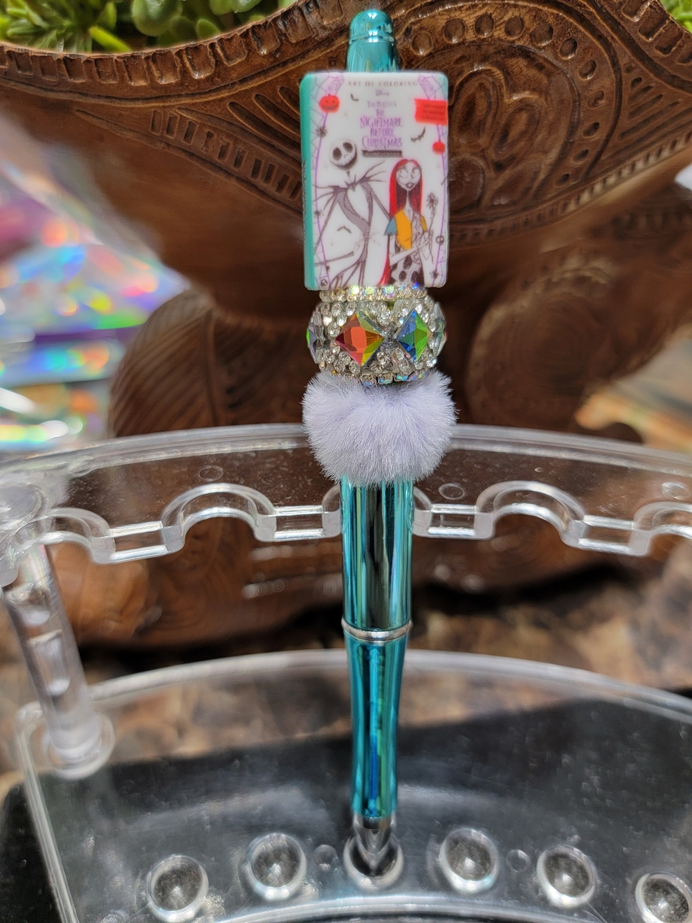 Teal Crystal Pom-Pom Ballpoint Pen with Character Charm